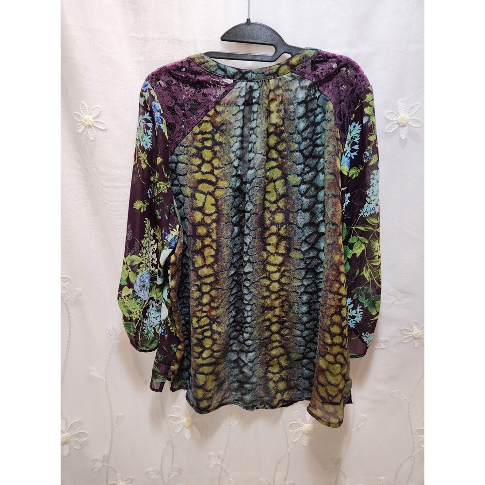 NEW DIRECTIONS WOMEN XL GREEN BLUE BLOUSE FLORAL BLOOM FAIRY LACE SHEER POPOVER - Picture 13 of 16